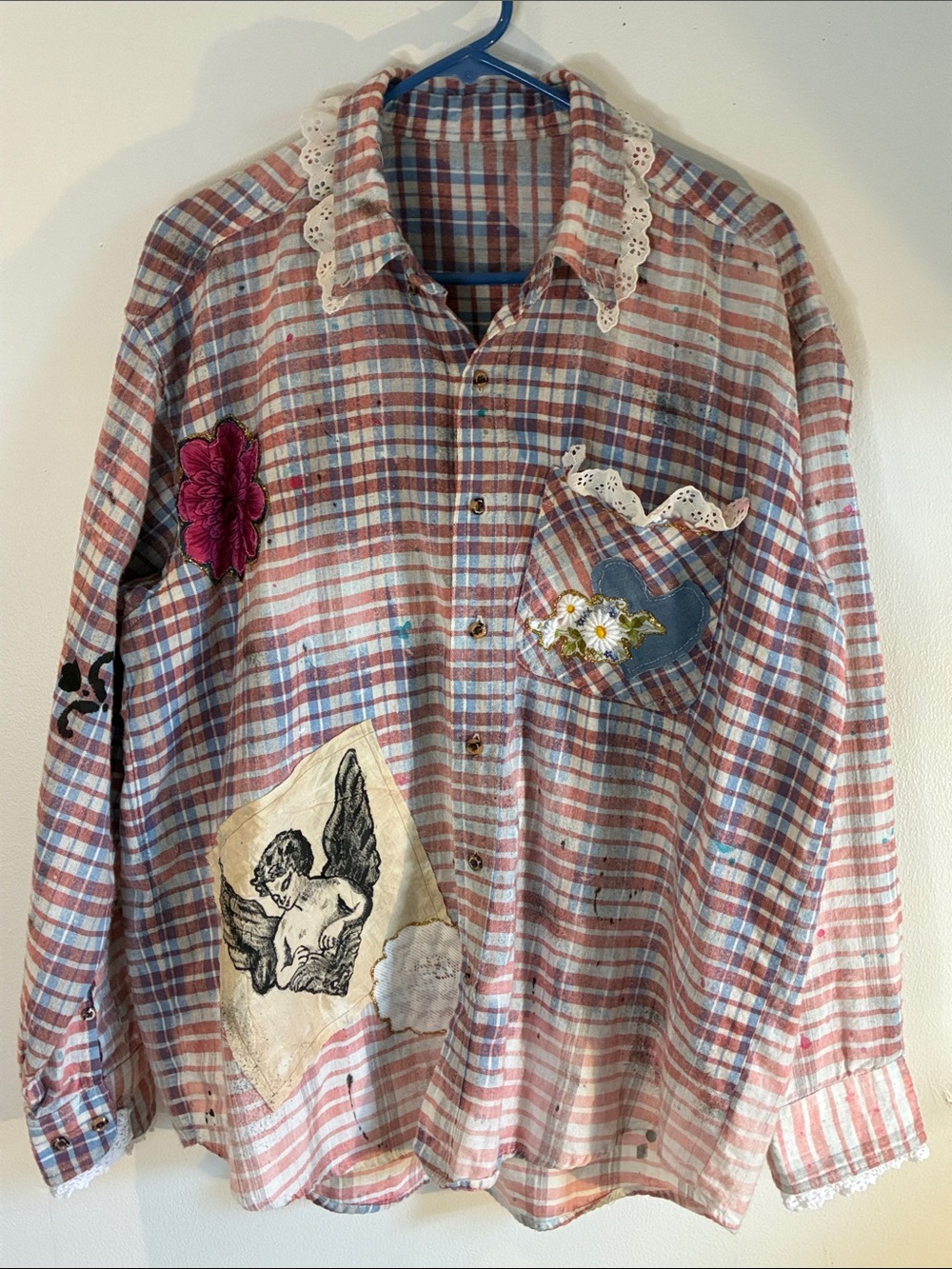 Upcycled distressed embellished plaid button down shirt lace appliques patches